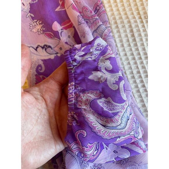 Susan Garver Paisley Floral Boho Purple Pleated Long Sleeve Tunic Blouse Medium - Picture 6 of 12
